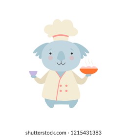 Cute koala bear in chef uniform holding delicious dish, cartoon animal character cooking vector Illustration on a white background