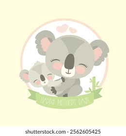 Cute koala bear with child, wild animals, happy mother day banner or greting card template. flat vector illustration