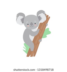 Cute Koala Bear Climbing Tree, Funny Grey Animal Character Vector Illustration