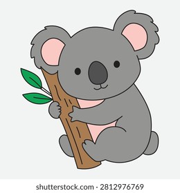 Cute koala bear climbing a tree. Adorable marsupial hanging on trunk.