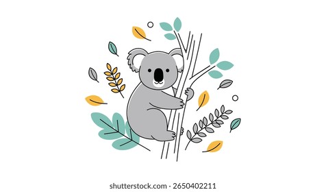 Urso coala bonito agarrado a uma árvore de eucalipto com folhas caindo ilustração de vida selvagem adorável