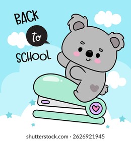 Cute Koala Bear Cub Cartoon ride Stapler on Sky. Back to School Kids Kawaii Animals. Flat Illustration.