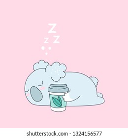 Cute Koala bear with cup of tee color hand drawn vector character. Koala sleeping flat clipart. Sketch koala Isolated cartoon illustration for kids game, book, t-shirt, cards, print, textile