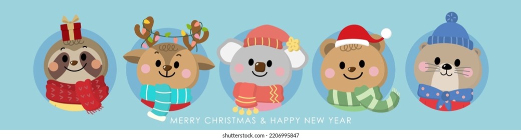 Cute koala, bear, deer, otter and sloth in winter costume. Wildlife animal in Christmas holidays. -Vector