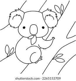 Cute koala bear eat eucalyptus leaves. Printable coloring page. Vector black and white illustration.