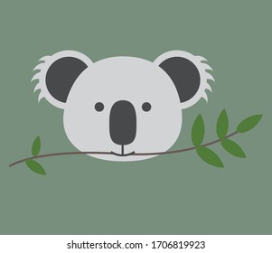Cute Koala bear with eucalyptus leaf in mouth in frontal view