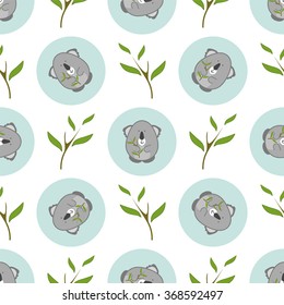 Cute koala bear with eucalyptus vector seamless pattern illustration on light  colored background. Cartoon flat style. For scrapbook paper, cotton textile or your design 