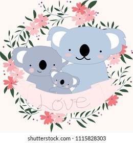 Cute koala bear family in floral frame