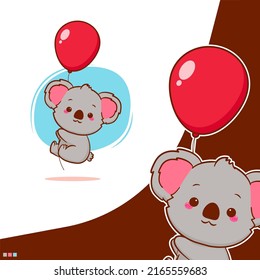 Cute koala bear floating with balloon. Cartoon mascot illustration