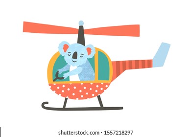 Cute koala bear flying helicopter flat vector illustration. Adorable exotic animal in aerial transport cartoon characters. Adventure and travel concept. Kawaii childish t shirt print.