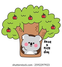 Cute koala bear greeting in cavity apple tree.Wild mammal animal character cartoon design.Jungle.Have a nice day.Kawaii.Vector.Illustration