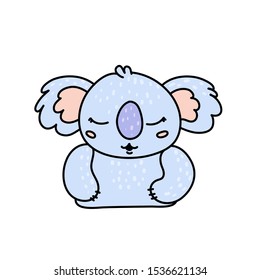 Cute koala bear hand drawn vector character. Isolated cartoon exotic animal. Doodle wildlife mammal color illustration. Jungle wild animal drawing. Birthday greeting card, kids textile design element