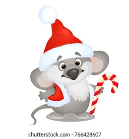 Cute koala bear in hat of Santa Claus with sweet candy cane isolated on white background. Sketch of Christmas festive poster, party invitation, other holiday card. Vector cartoon close-up illustration