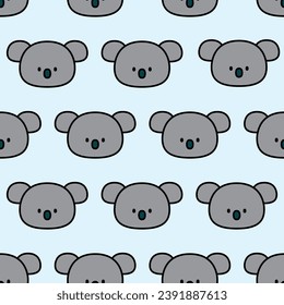 Cute Koala Bear Head Cartoon with Black Outline Seamless Pattern. Zoo Animals Illustration Icon for Background, Wallpaper, Fabric Textile, Package Design, etc. Printable Doodle 2D Flat Design Element