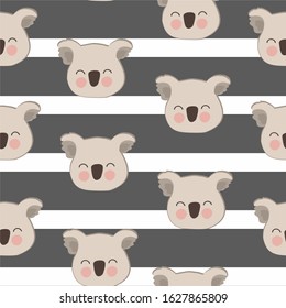 Cute koala, bear head, geometric seamless pattern on a black and white striped background. Pattern for printing on fabrics, festive and children's packaging, wallpaper, wrapping, bags and paper.