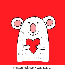 Cute koala bear with heart. Be my Valentine. Valentine's day banner, background, flyer, placard. Holiday poster for scrapbooking. Vector illustration card for greeting, decoration, congratulation