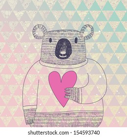 Cute koala bear in hipster style. Funny koala in sweater with big heart on modern stylish geometric  background in vector