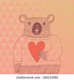 Cute koala bear in hipster style. Funny koala in sweater with big heart on modern stylish geometric background in pink colors