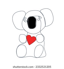 Cute koala bear holding red heart with its hand. Single line vector work for home decor or t-shirt print. Valentine day concept idea.  