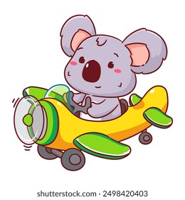 Cute Koala Bear on Airplane Cartoon Vector Illustration. Kawaii Adorable Animal Pilot Concept Design. Travel And Transportation Themes. Isolated White Background.