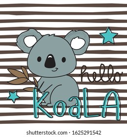 cute koala bear on striped background vector illustration, T-shirt graphics design for kids