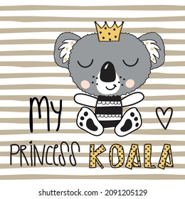 Cute koala bear on striped background vector illustration. Koala bear princess. 