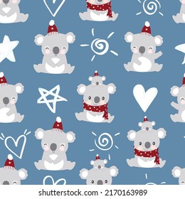 Cute koala bear with ornament seamless pattern, illustration vector doodle comic art