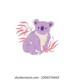 Cute koala bear with plants, hand drawn flat vector illustration isolated on white background. Cheerful Australian animal. Great for kids designs. Concepts of nature and wildlife.