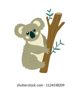 Cute Koala Bear sitting on the tree. Creative kids print. Vector illustration