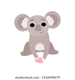 Cute Koala Bear Sitting with Pink Heart, Funny Grey Animal Character Vector Illustration