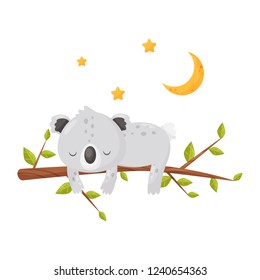 Cute koala bear sleeping on a branch under a starry sky, lovely animal cartoon character, good night design element, sweet dreams vector Illustration