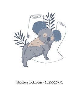 Cute koala bear sleeping on tree trunk, eucalyptus branches. Wild animal. Australian marsupial animal. Vector design