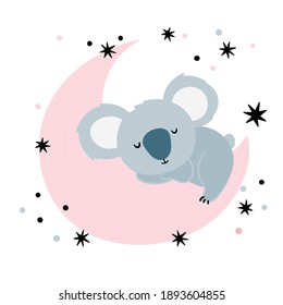 Cute Koala bear sleeping on the moon, around the stars. Children's print on a T-shirt, clothing or invitation for a baby shower
