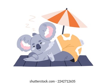 Cute koala bear sleeping and sunbathing, relaxing on summer beach. Happy funny animal character in trunks lying under umbrella. Childish kids flat vector illustration isolated on white background