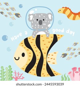 Cute koala bear soft hair hold on big fish with eel in the coral sea background.Sea life and wild mamal animal character cartoon design.Marine.Ocean.Summer.Kawaii.Vector.Illustration.