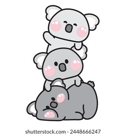 Cute Koala bear stay on top each other greeting.Wild animal character cartoon design.Image for card,poster,sticker,baby clothing,t shirt print screen.Relax.Lay.Kawaii.Vector.Illustration.