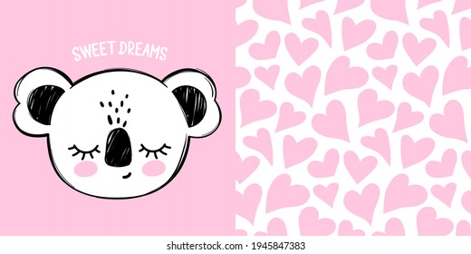 Ilustración vectorial del oso de koala. Dibujo de Doodle con tarjeta de animal dormido. Dulces sueños con letras. Dibujo a mano de arte ingenuo. Diseño de Kawaii. Patrón sin foco con corazones rosados.