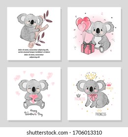 Cute Koala bear vector illustrations. Set of birthday greeting cards, posters, prints.