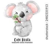 cute Koala bear in watercolor style. Vector illustration. Baby Koala and tree.