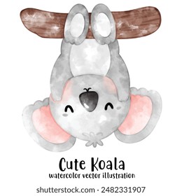 cute Koala bear in watercolor style. Vector illustration. Baby Koala and tree.