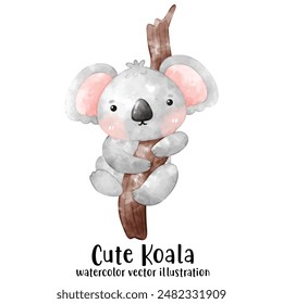 cute Koala bear in watercolor style. Vector illustration. Baby Koala and tree.