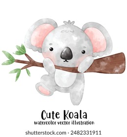 cute Koala bear in watercolor style. Vector illustration. Baby Koala and tree.