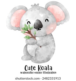 cute Koala bear in watercolor style. Vector illustration. Baby Koala and tree.