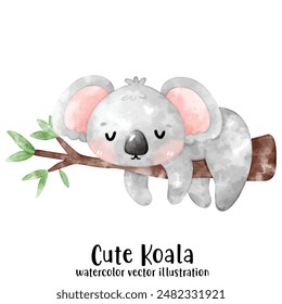 cute Koala bear in watercolor style. Vector illustration. Baby Koala and tree.