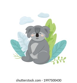 Cute koala bear. Wild Australian baby animal sitting on the ground with abstract leaves on background. Happy kids character, vector tropical illustration