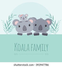 Cute koala bears characters cartoon family with mom, dad and baby girl animal. Kids illustration for postcard with eucalyptus. Flat style. For scrapbook paper, card, cotton textile or your design.