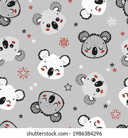 Cute Koala Bears and Stars Seamless Pattern. Childish Background. Vector Baby Animals Drawing for Tee Print for Kids