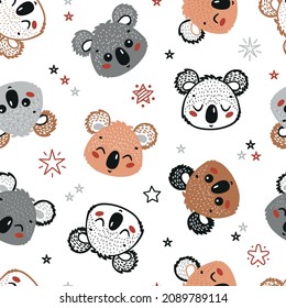 Cute Koala Osos y Estrellas Patrón Sin Maravilla. Fondo Infantil. Dibujo de animales de bebé vectores para la impresión de té para niños     