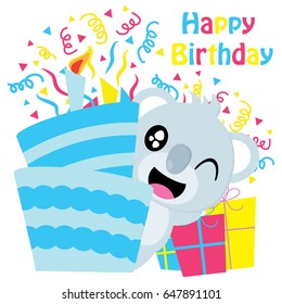Cute koala besides birthday cakes vector cartoon, Birthday postcard, wallpaper, and greeting card, T-shirt design for kids
