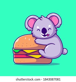 Cute Koala With Big Burger Cartoon Vector Icon Illustration. Animal Food Icon Concept Isolated Premium Vector. Flat Cartoon Style